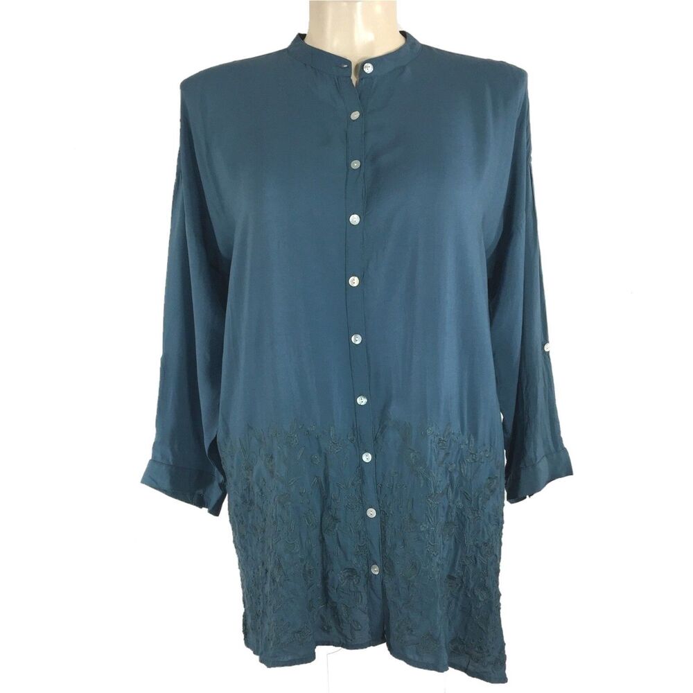 MIB Plus Tunic‎ 1X Teal Green Blouse Embellish Embroider Hem Long Top Viscose